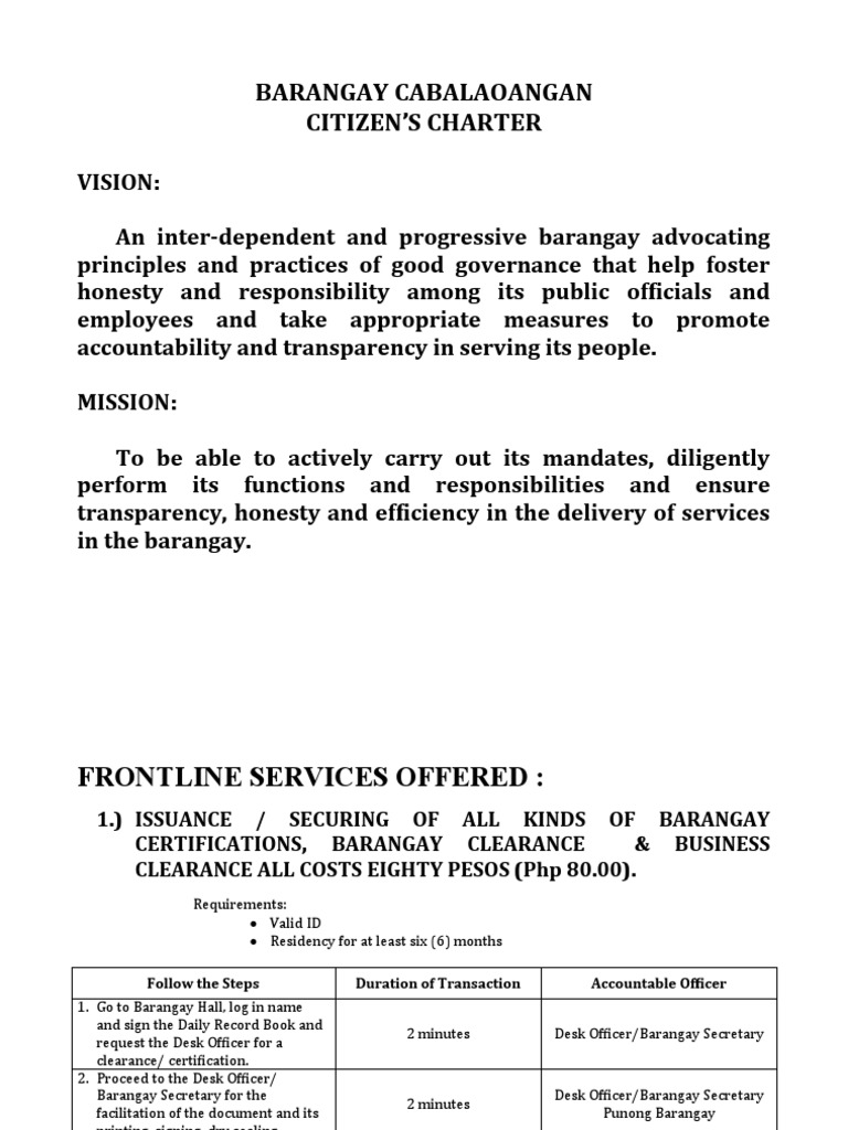 Barangay Cabalaoangan Citizen'S Charter | PDF | Physical Examination ...