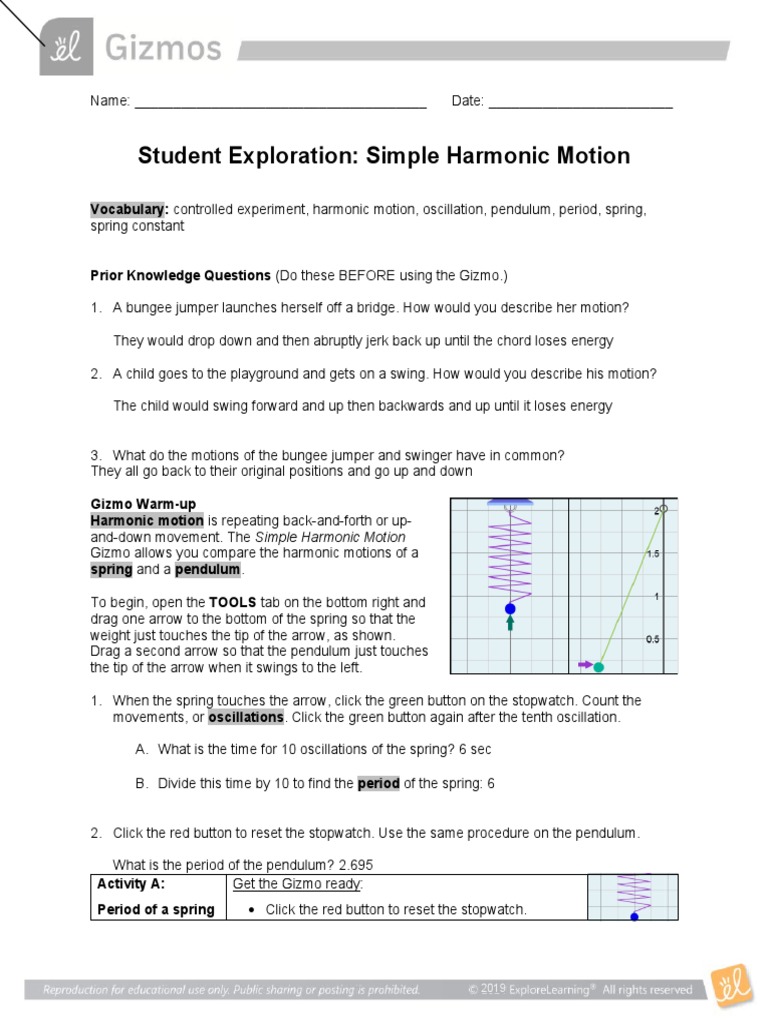 Week 26 Gizmo SimpleHarmonicMotionSE PDF Pendulum Mass