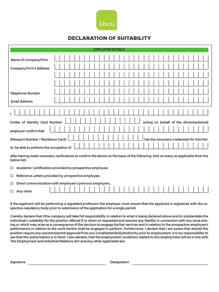 Suitability Declaration Jobsplus v2 | PDF