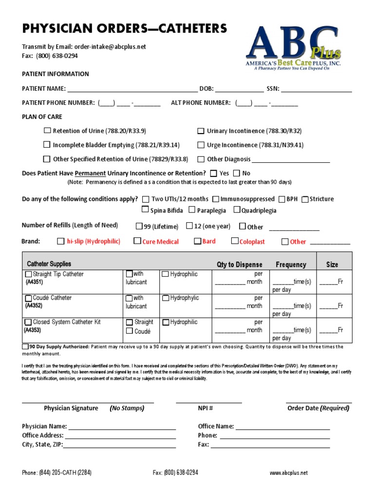 Catheter Order Form PDF Urinary Incontinence Urinary Bladder