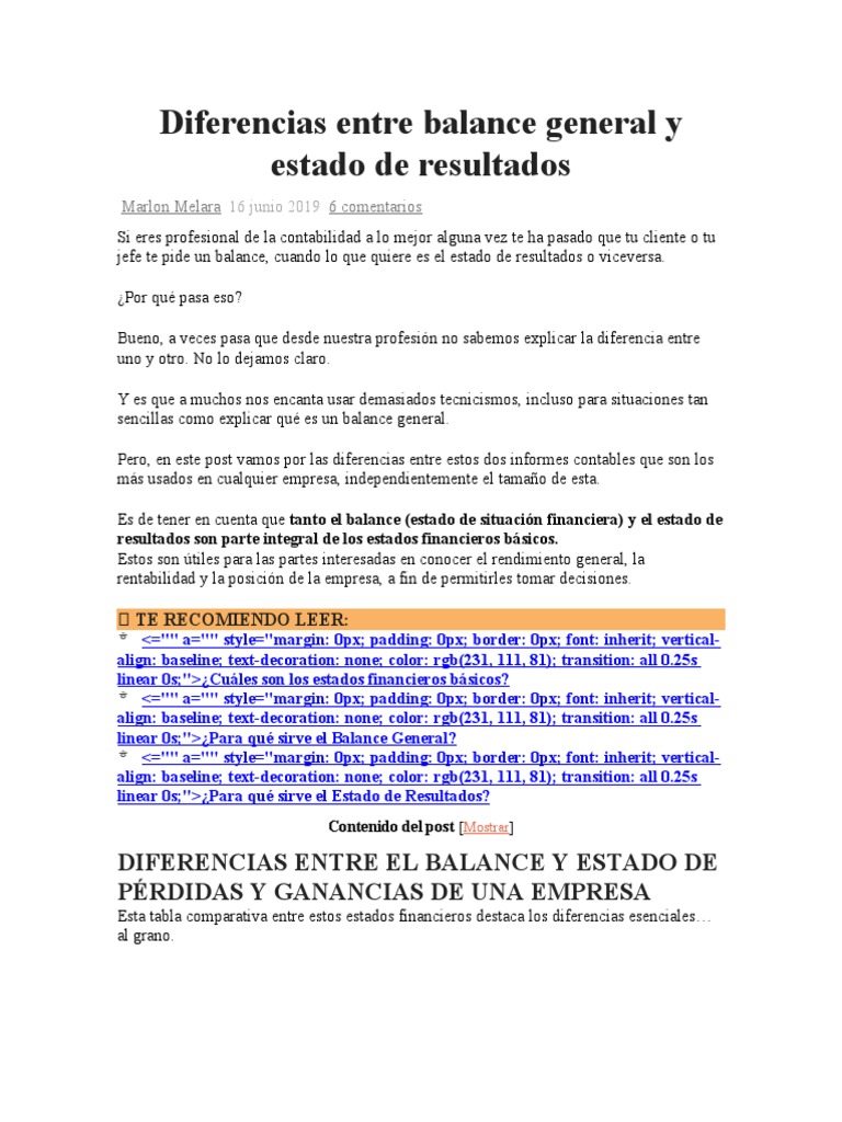 Diferencias Entre Balance General y Estado de Resultados | PDF | Estado ...