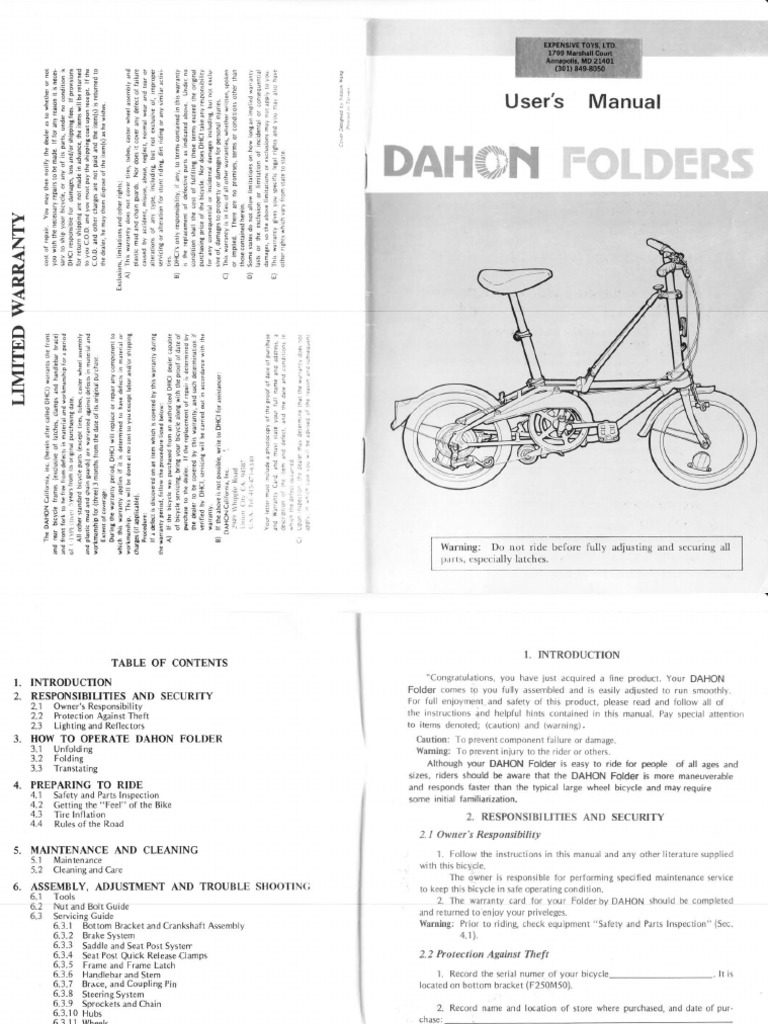 1990 Dahon Folding Bike Manual | PDF | Tire | Traffic