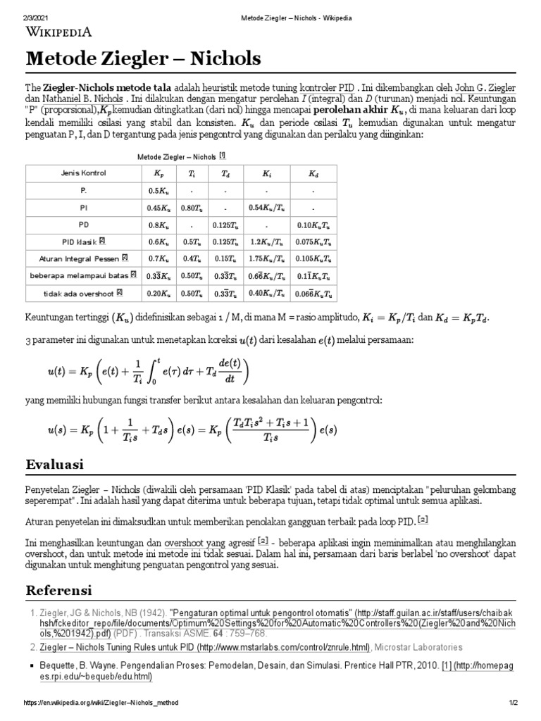 Metode Ziegler - Nichols - Wikipedia | PDF | Teknologi & Rekayasa