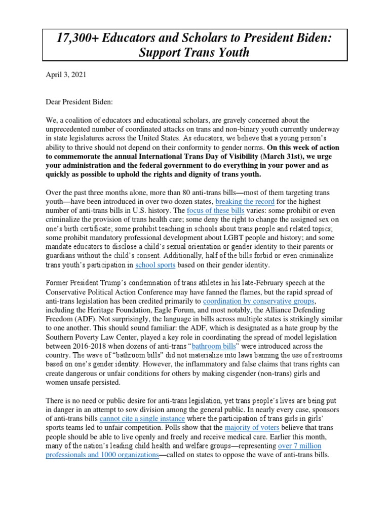17,300+ Teachers Sign Open Letter To Biden in Favor of Child Mutilation |  PDF | Transgender | LGBTQIA+ Studies