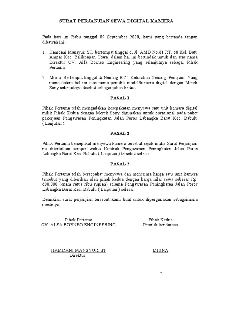 Surat Perjanjian Kamera | PDF