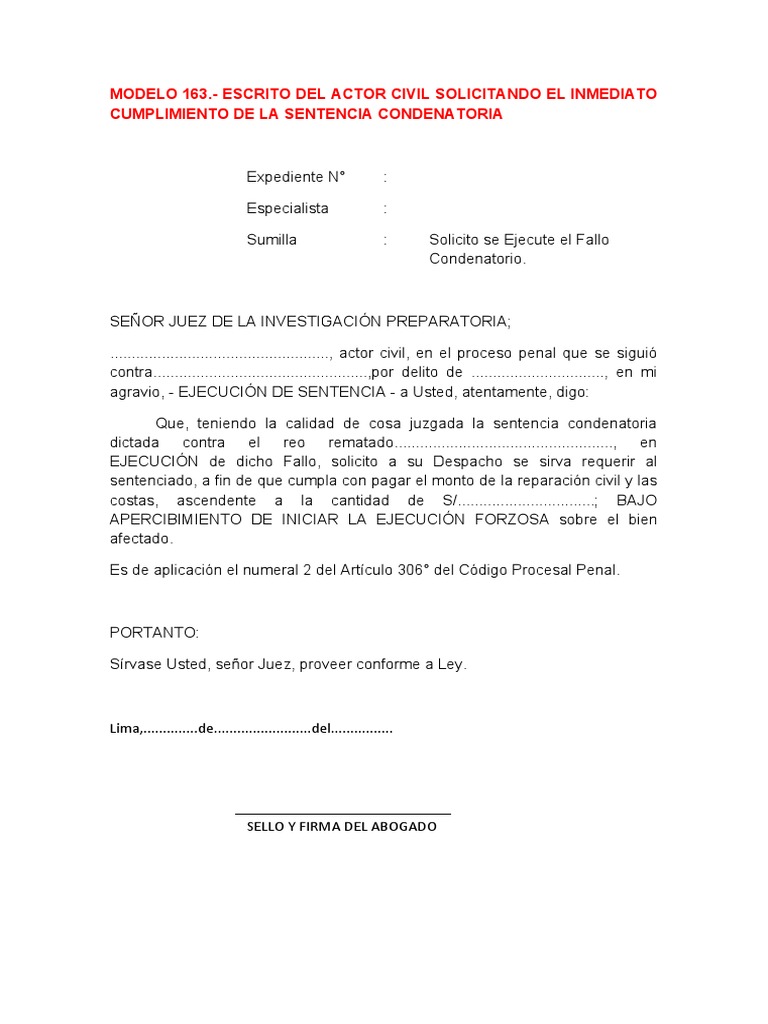 Modelo de Escrito Del Actor Civil Solicitando El Inmediato Cumplimiento