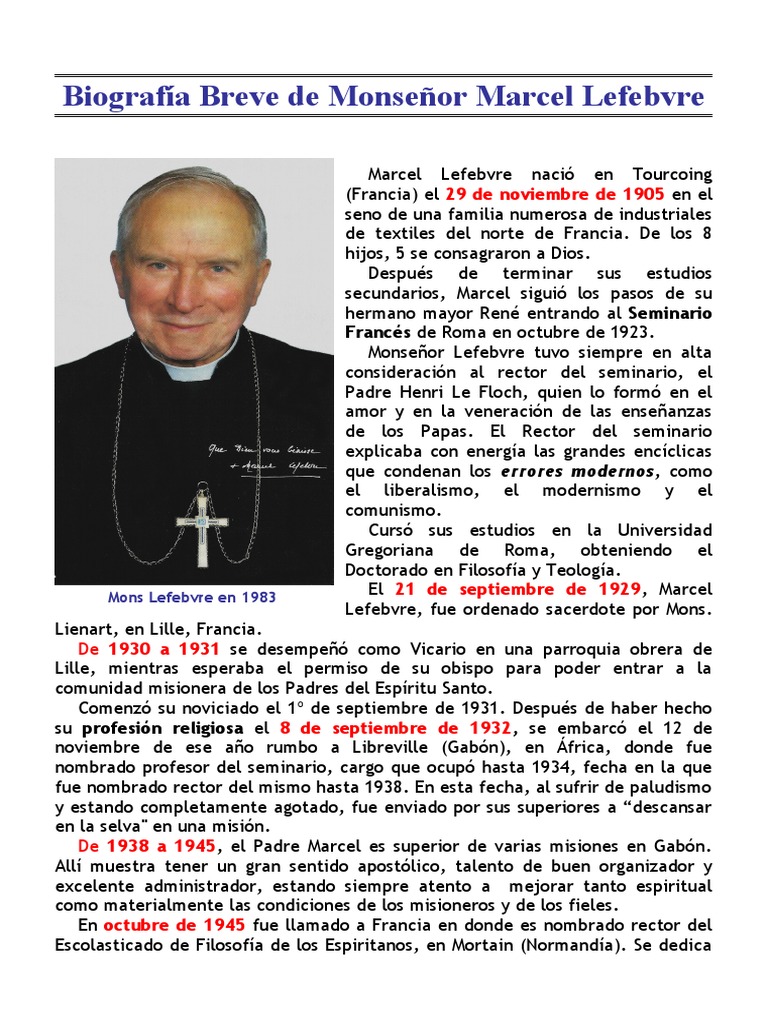 Biografía Breve de Monseñor Marcel Lefebvre PDF Seminario