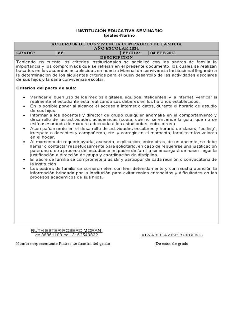 Acuerdos de Convivencia Con Padres de Familia Grado 6F 2021 | PDF | La ...