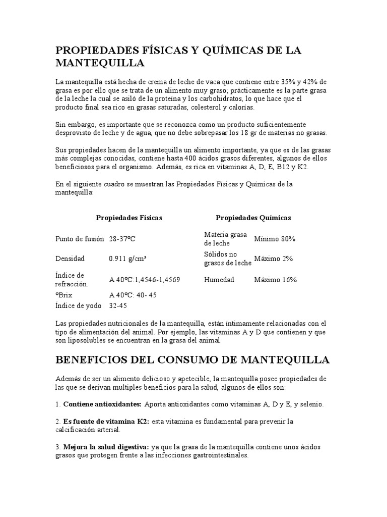 Propiedades Físicas y Químicas de La Mantequilla PDF Mantequilla gordo