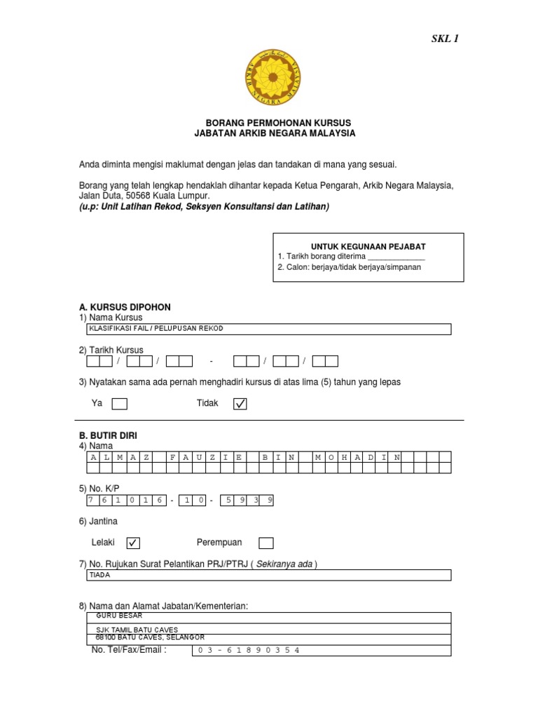 Borang Permohonan Kursus Arkib Negara Fauzie Pdf