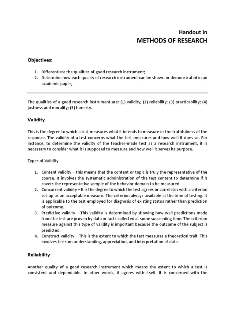 Module 6 Methods of Research | PDF | Validity (Statistics) | Tests