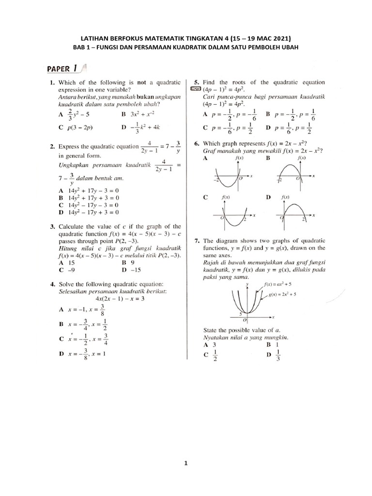 Latihan Berfokus Matematik Tingkatan 4 Bab 1 Dan 2 | PDF