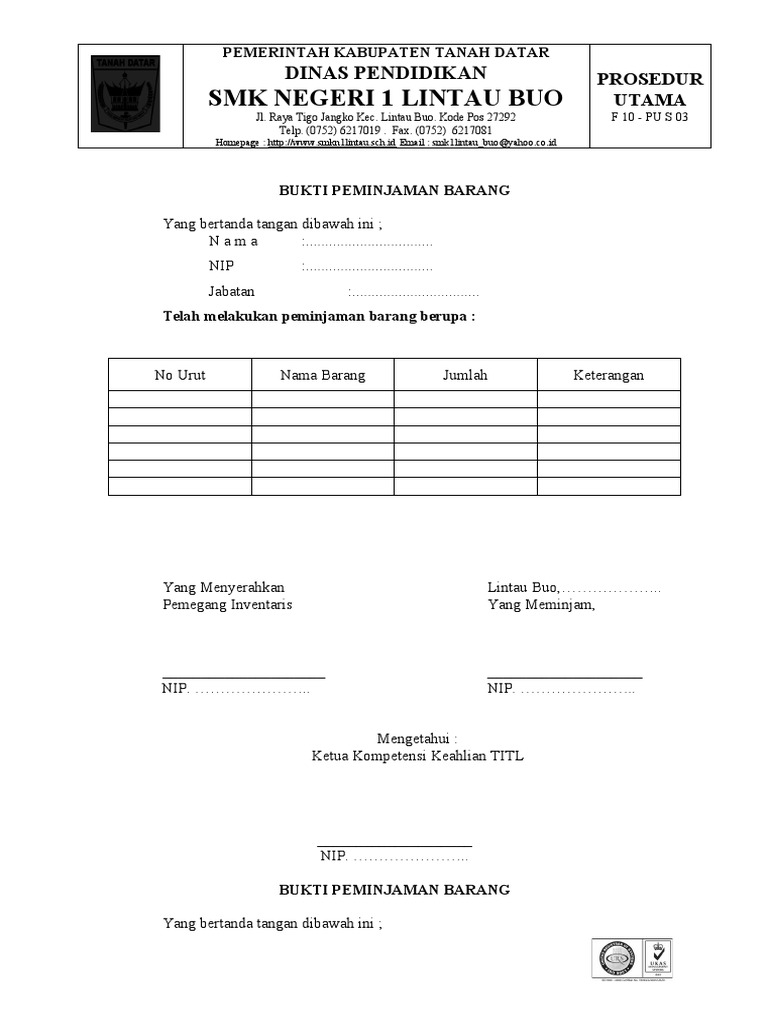 Contoh Surat Peminjaman Barang Resmi | PDF