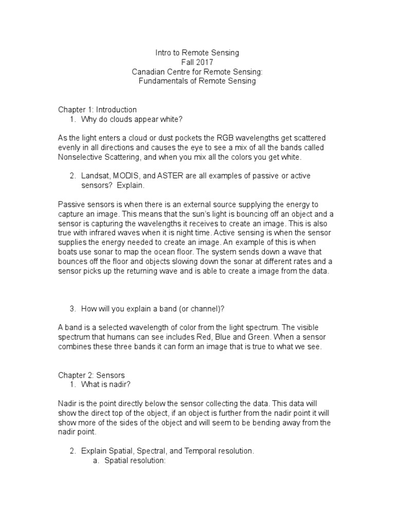 Intro To Remote Sensing Test Questions Pdf Image Resolution Atomic