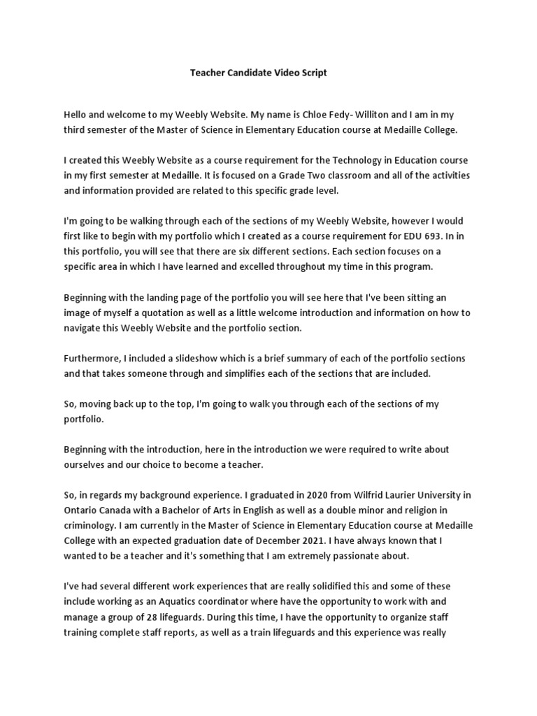 Teacher Candidate Welcome Video Script | PDF | Lesson Plan | Curriculum