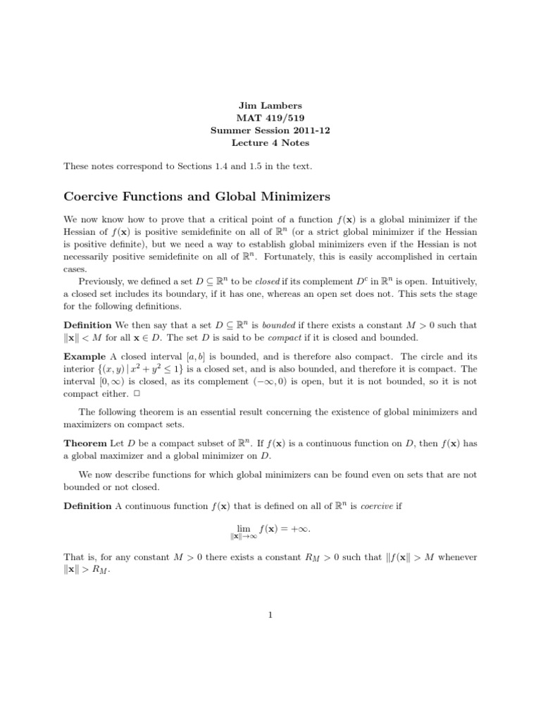Chap2 Lec1 Coercive Functions and Global Minimizers PDF Eigenvalues