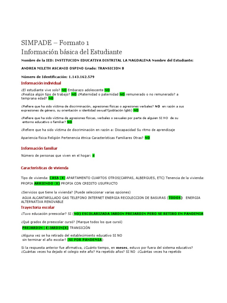 Formato 1 Simpade Actualizado PDF | PDF | Educación de la primera ...
