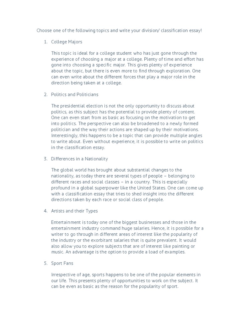 Division and Classification Essay Assignment | PDF | Writers | Essays