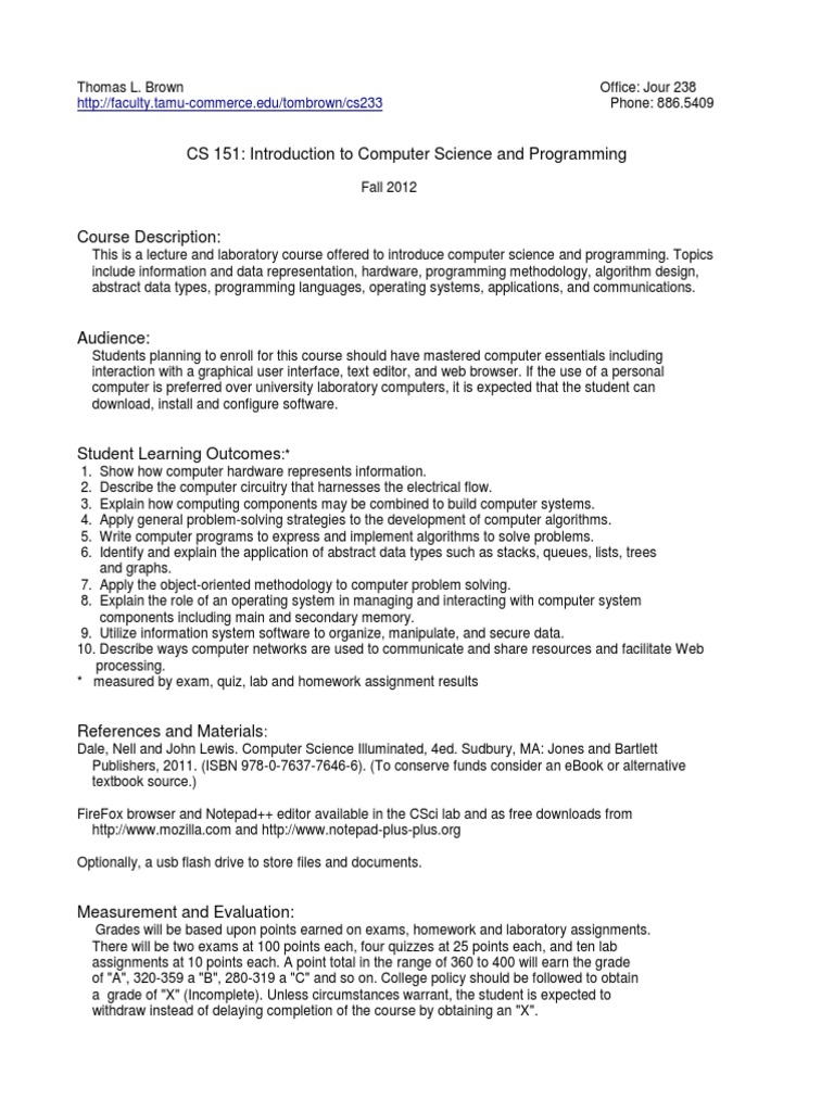 CS 151: Intro to Computer Science Course | PDF | Computer Programming ...