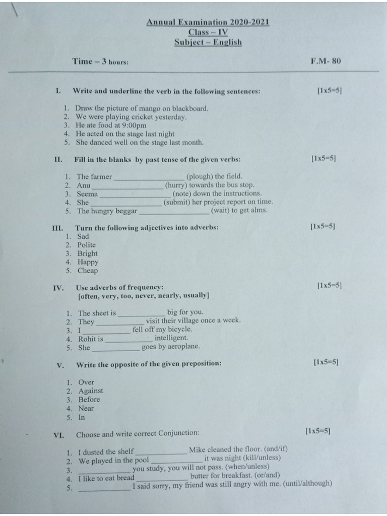 Class IV Question Paper PDF