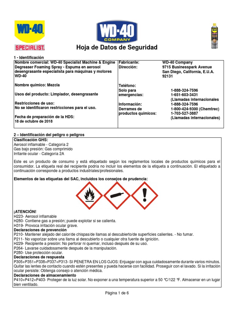 Ghs Sds WD 40 Specialist Machine Engine Degreaser Foaming Spray Spanish 300070 560033