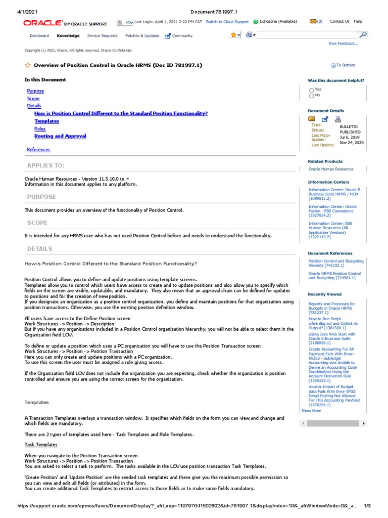 Overview of Position Control in Oracle HRMS (Doc ID 781997.1) | PDF |  Database Transaction | Oracle Corporation
