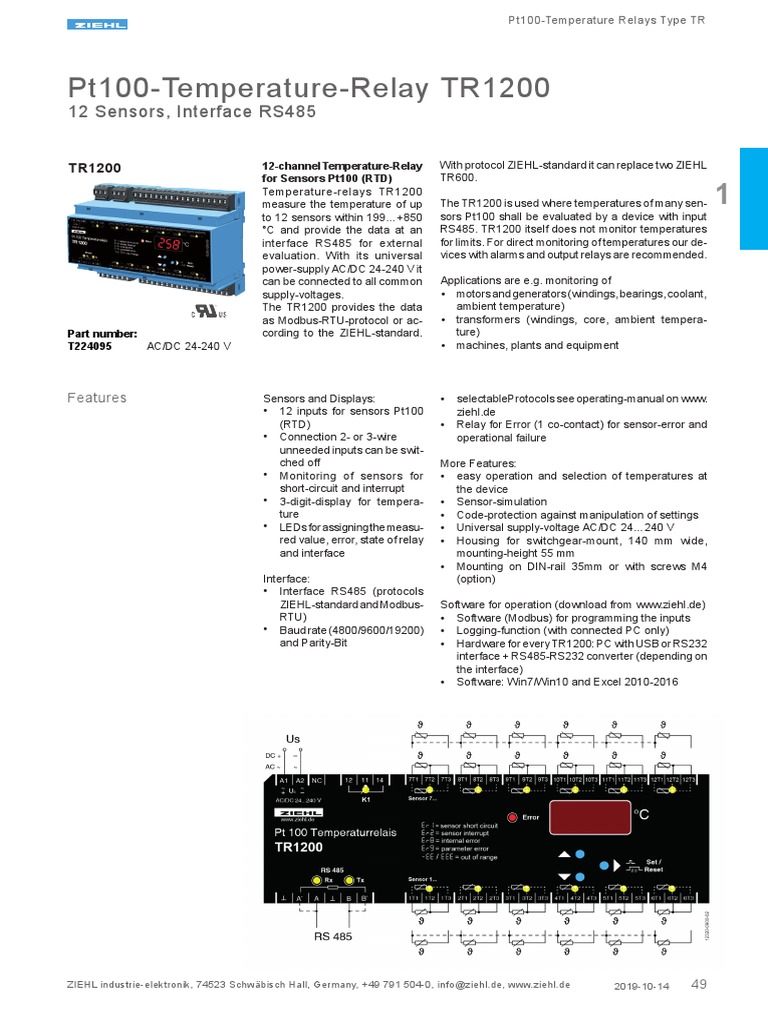 Pt100TemperatureRelay TR1200 12 Sensors, Interface RS485 PDF
