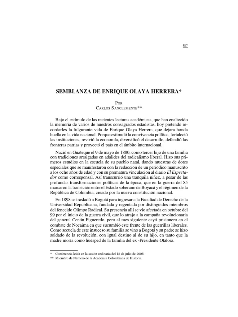 Semblanza de Enrique Olaya Herrera PDF Colombia Perú