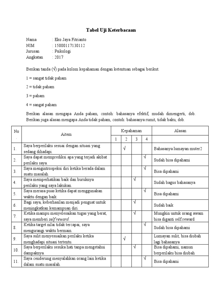 Uji Keterbacaan Kuesioner Psikologi | PDF