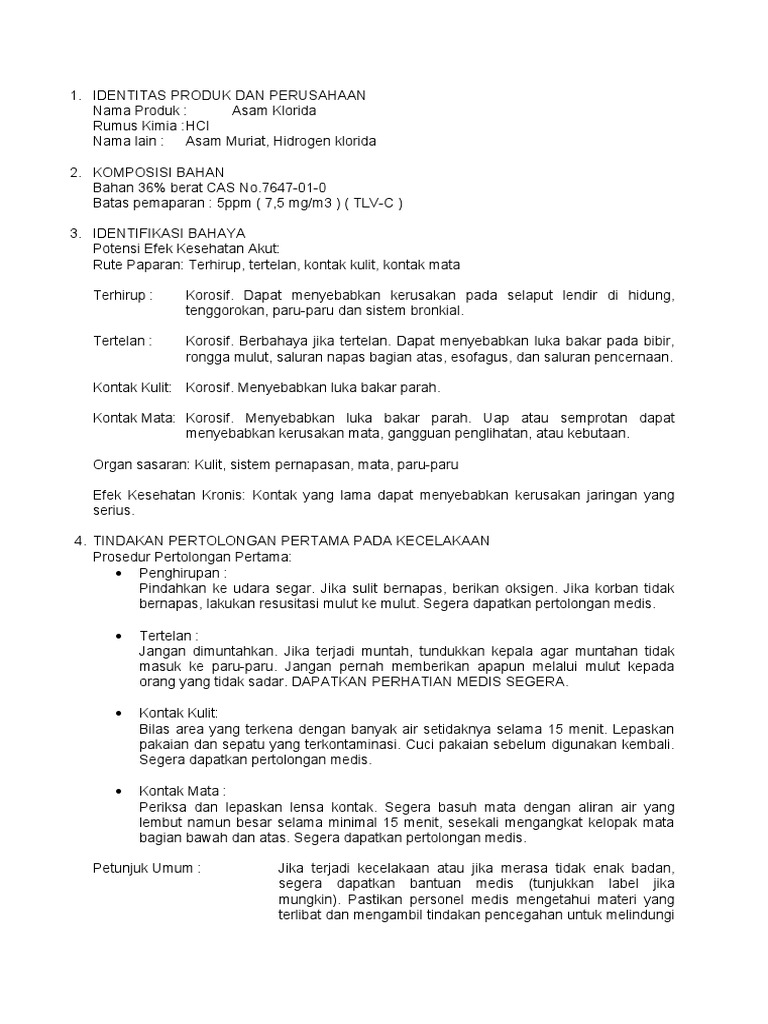 MSDS Asam Klorida | PDF