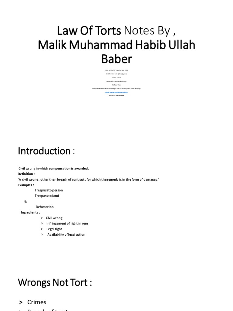 Law of Torts: 2nd Semester Notes | PDF | Legal Remedy | Damages