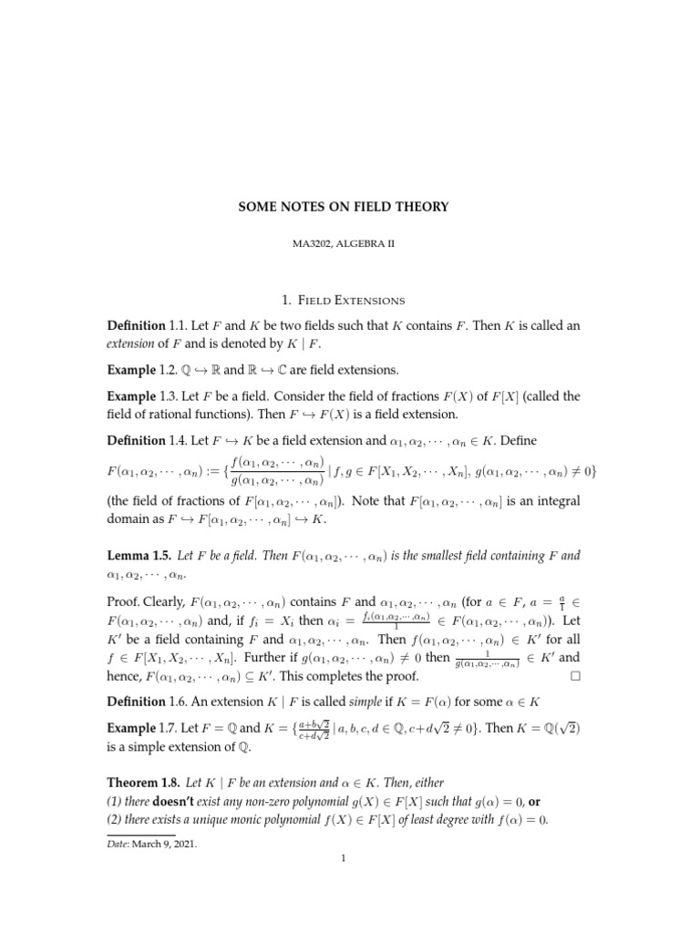 Field Theory Notes Algebraic Extensions PDF Field (Mathematics
