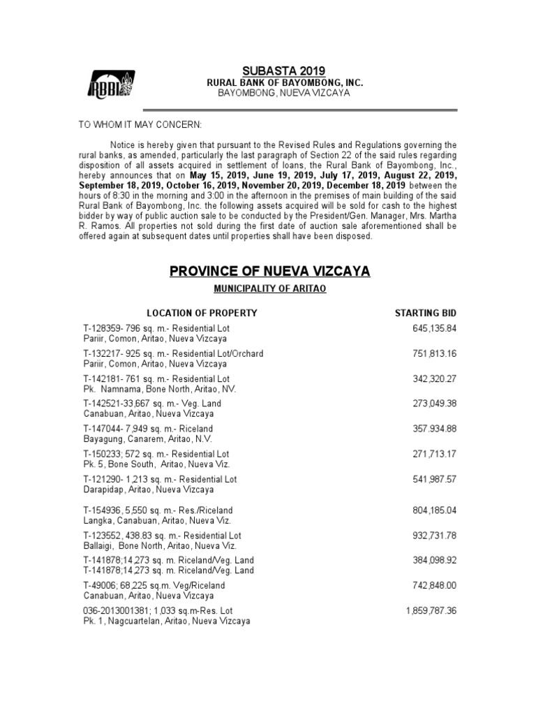 Province of Nueva Vizcaya: SUBASTA 2019 | PDF | Auction | Violence