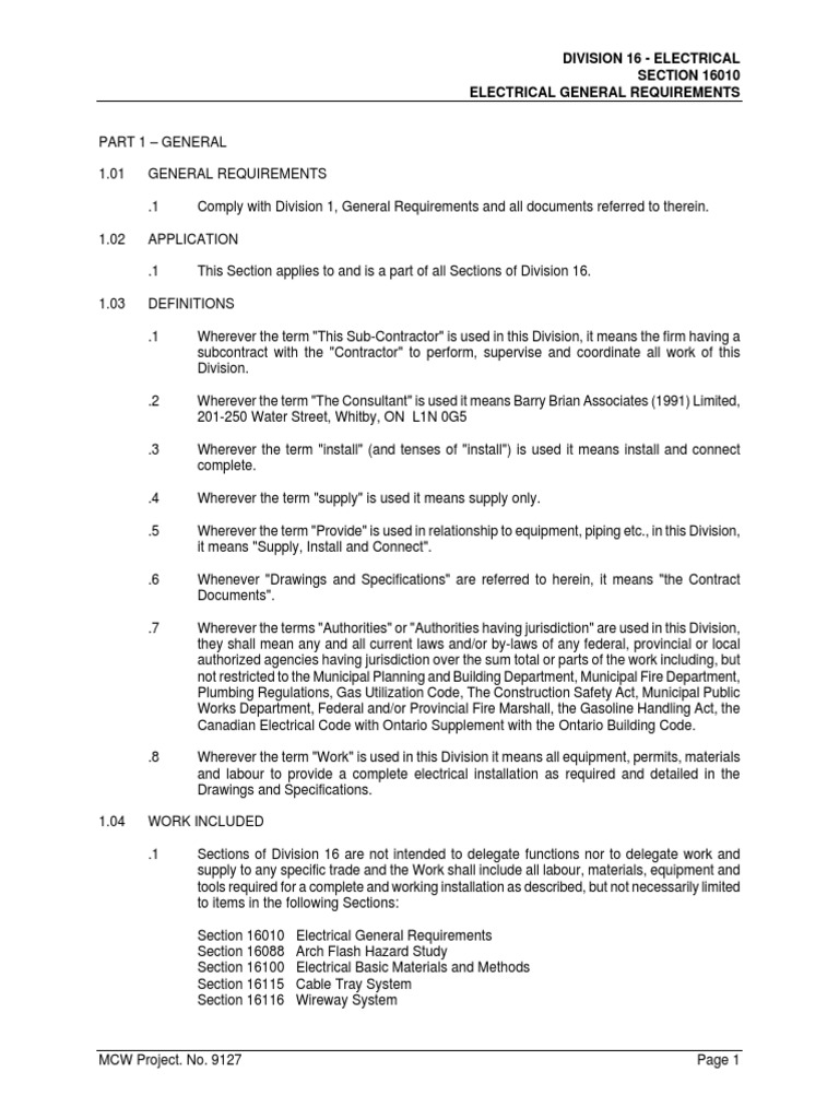 Division 16 Electrical SECTION 16010 Electrical General Requirements