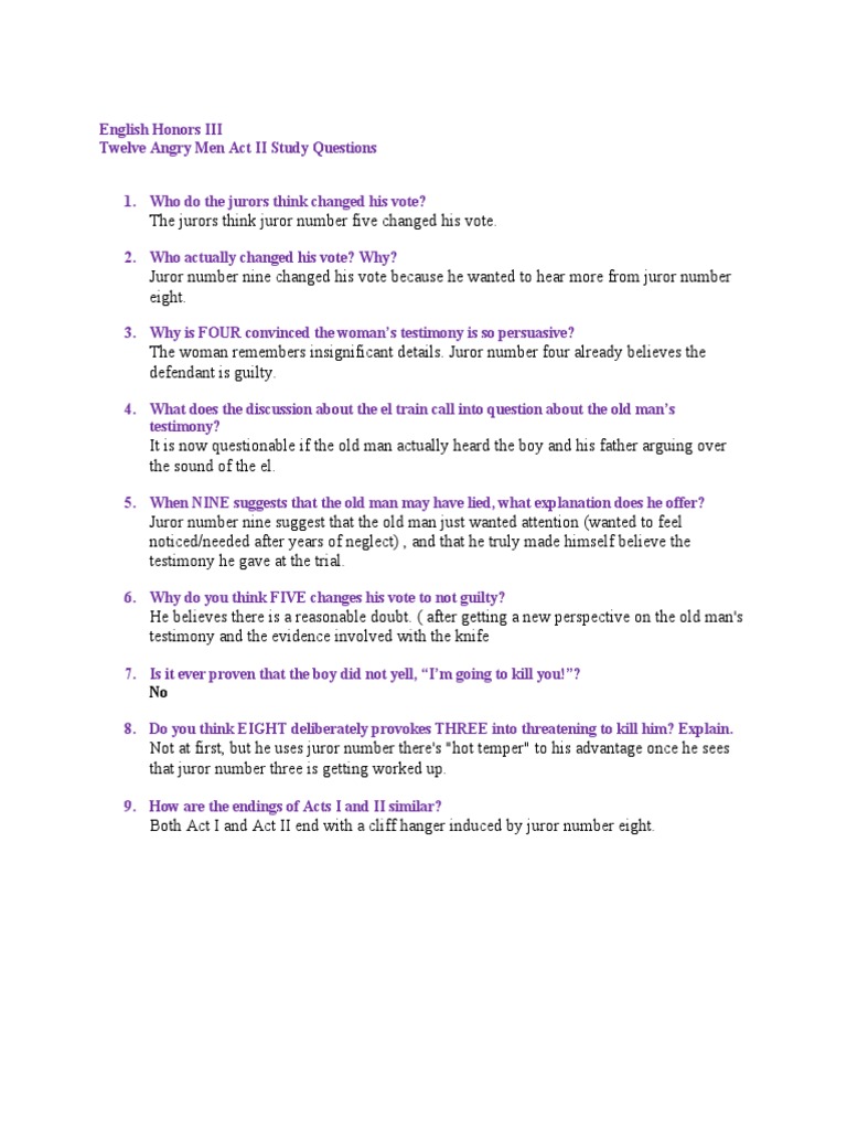 Act II Study Questions for Twelve Angry Men | PDF