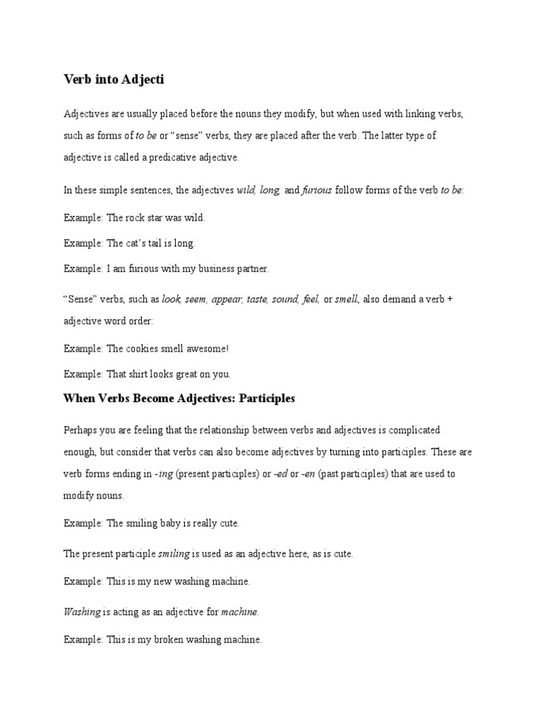 Verb Into Adjecti When Verbs Adjectives Participles PDF