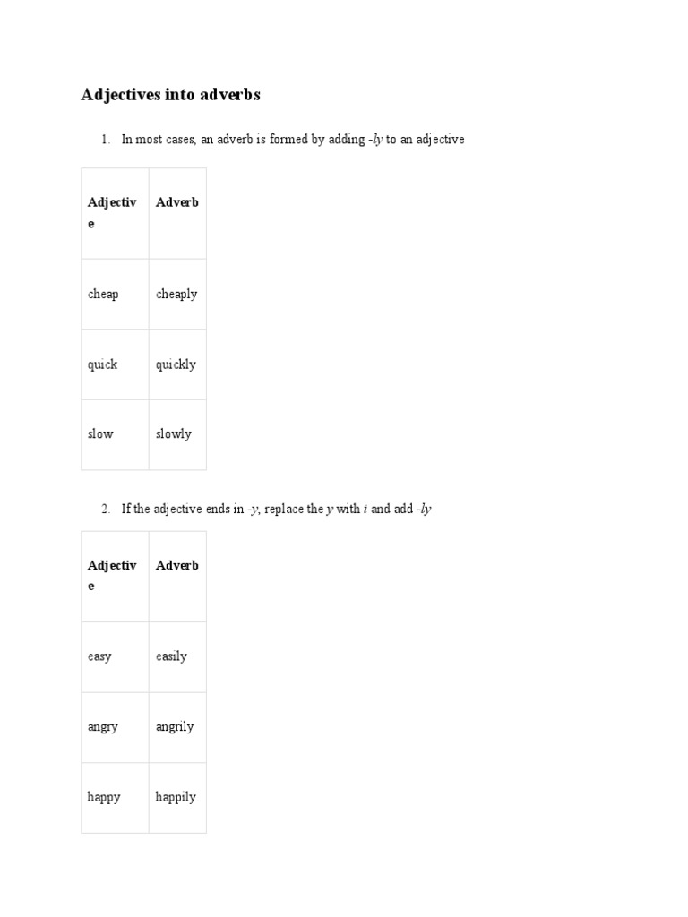 Adjectives Into Adverbs 1. in Most Cases, An Adverb Is Formed by