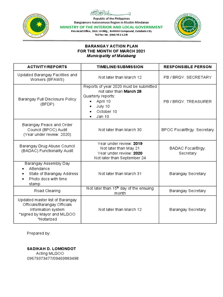 Barangay Action Plan for March 2021 | PDF | Philippines | Government