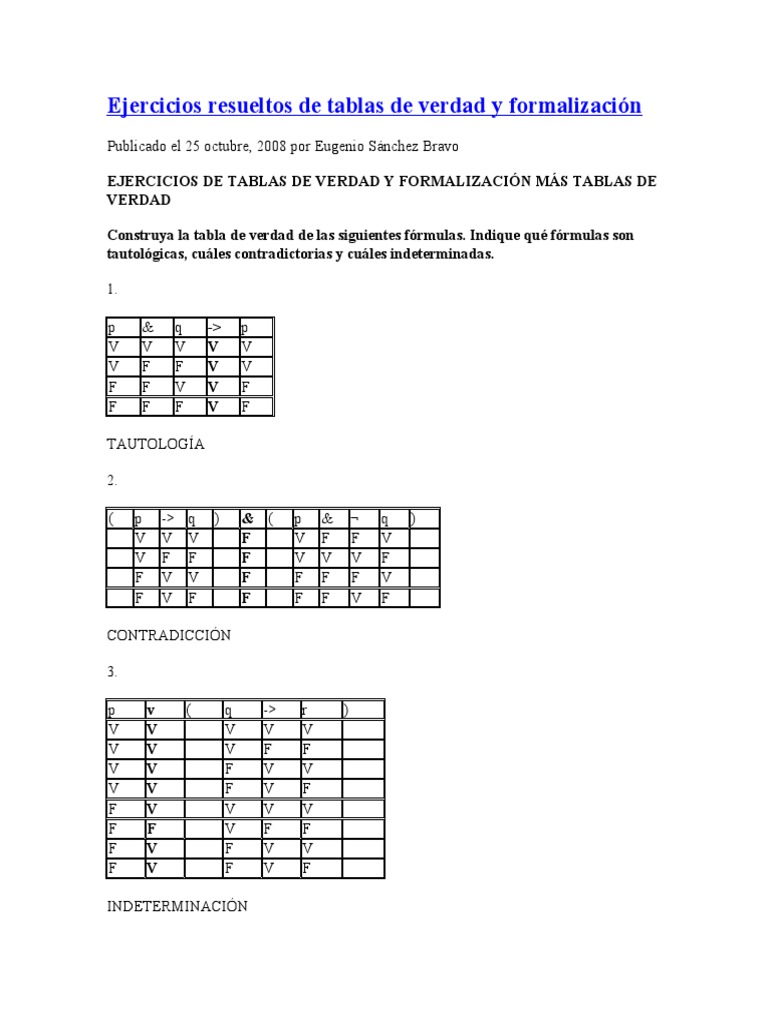Ejercicios resueltos de tablas de verdad y Ocio