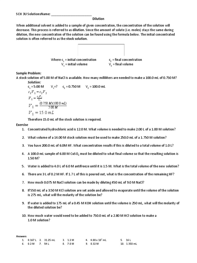 Dilution Worksheet PDF Solution Concentration