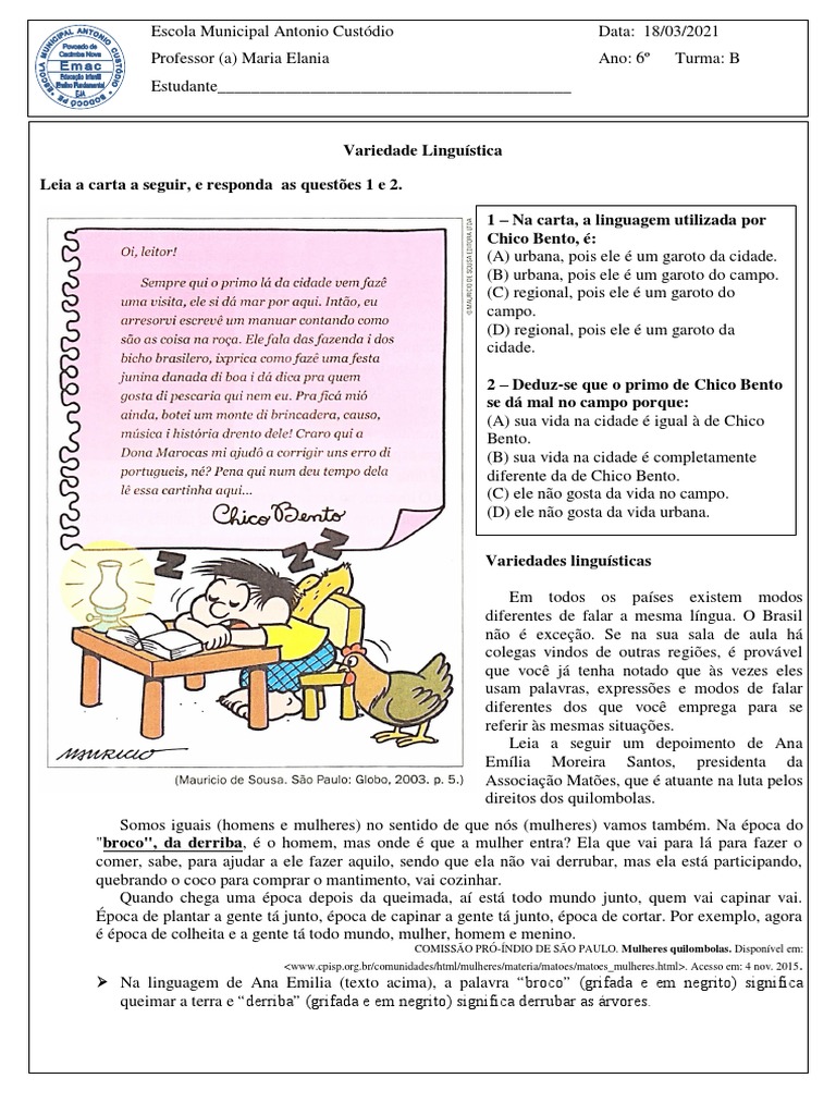 Variação Linguística no 6º Ano | PDF | Linguística | Comunicação humana