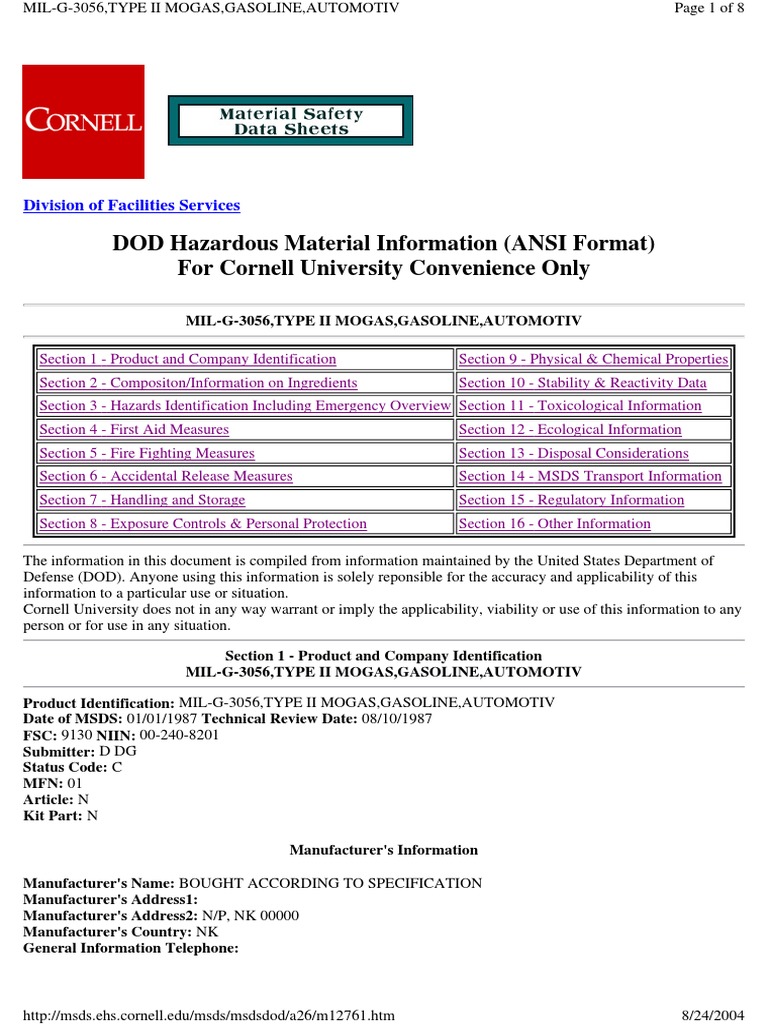 DOD Hazardous Material Information (ANSI Format) For Cornell University ...