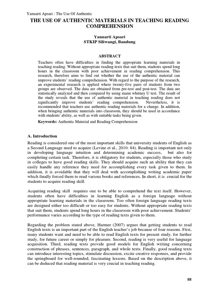 The Use of Authentic Materials in Teaching Reading Comprehension PDF Reading Comprehension