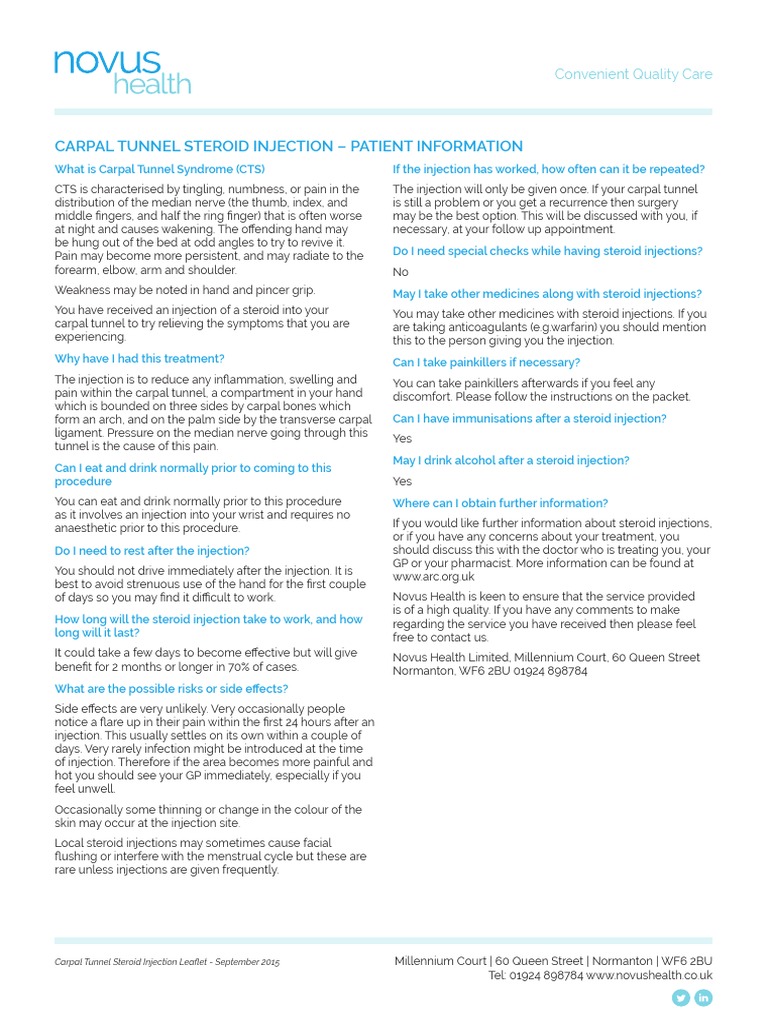 Carpal Tunnel Steroid Injection Patient Information Convenient Quality Care PDF Carpal