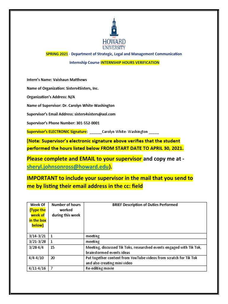 Internship Hours Verification for Vaishaun Matthews | PDF