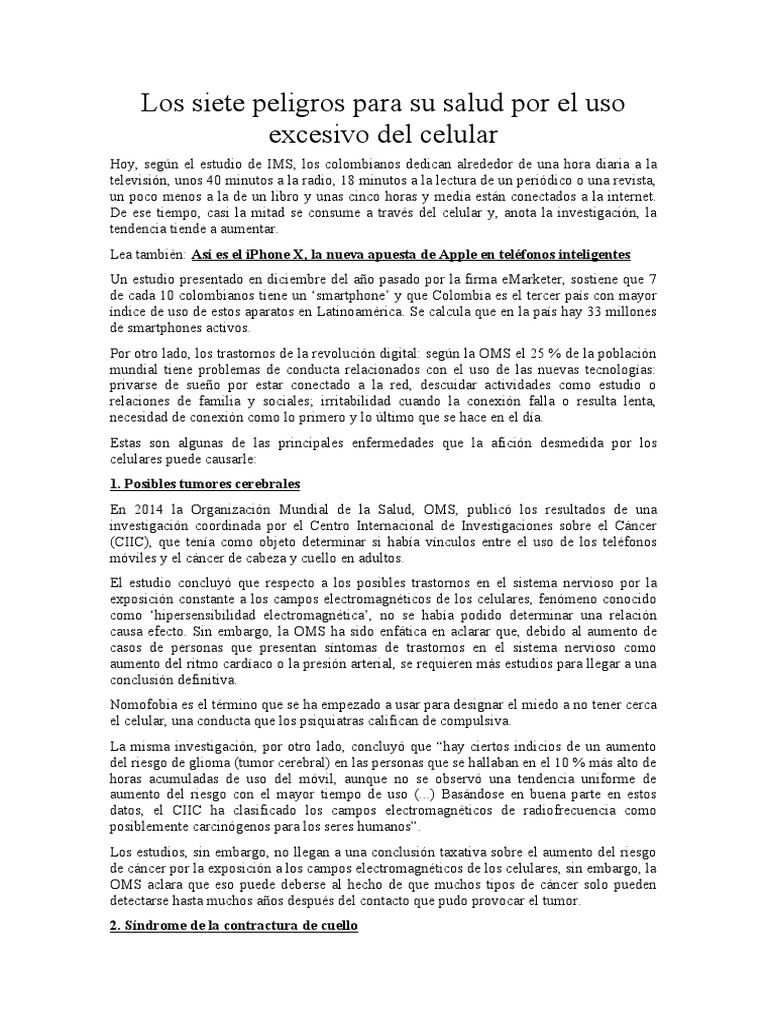 Los Siete Peligros para Su Salud Por El Uso Excesivo Del Celular | PDF ...