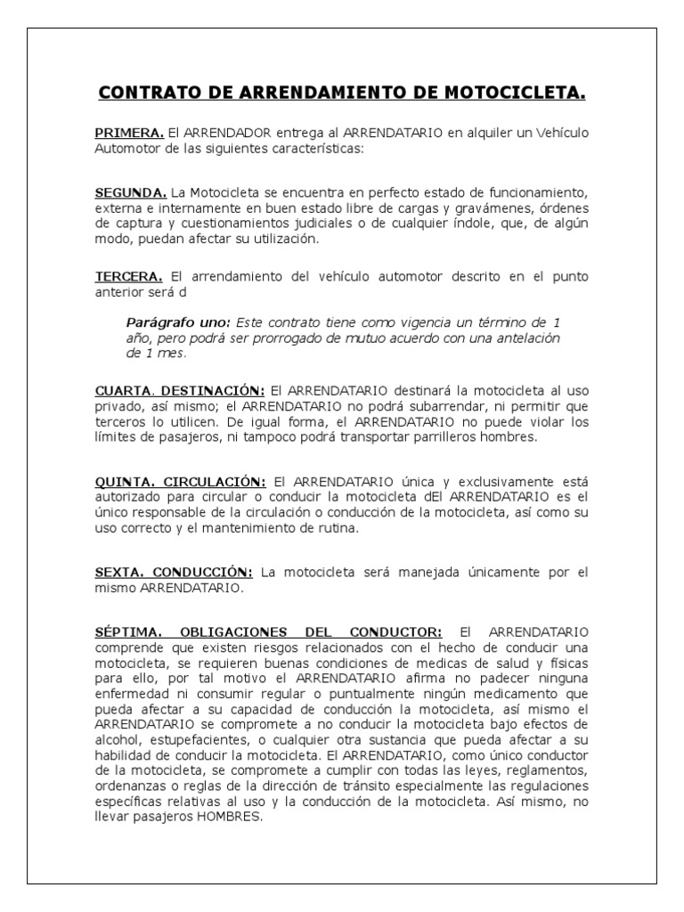 Contrato de Arrendamiento de Motocicleta | PDF | Alquiler | Motocicleta