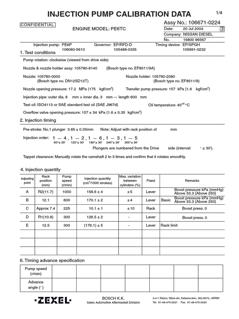 Injection Pump Calibration Data Assy No. 1066710224 PDF
