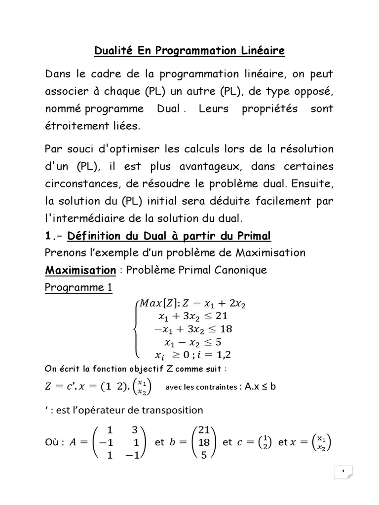 Dualité en Programmation Linéaire | PDF | Optimisation linéaire ...