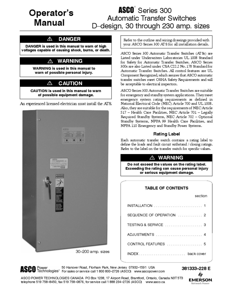 ASCO 300 series Auto Transfer Switch | Cambiar | Relé